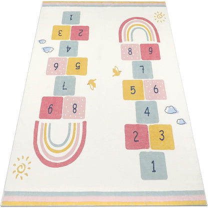 Topotdor Rainbow Sky Hopscotch Game Rugs,Kids Play Area Rugs Soft Floor Carpet for Bedroom Playroom Nursery,Great Gift for Girls & Boys,47" x 71"