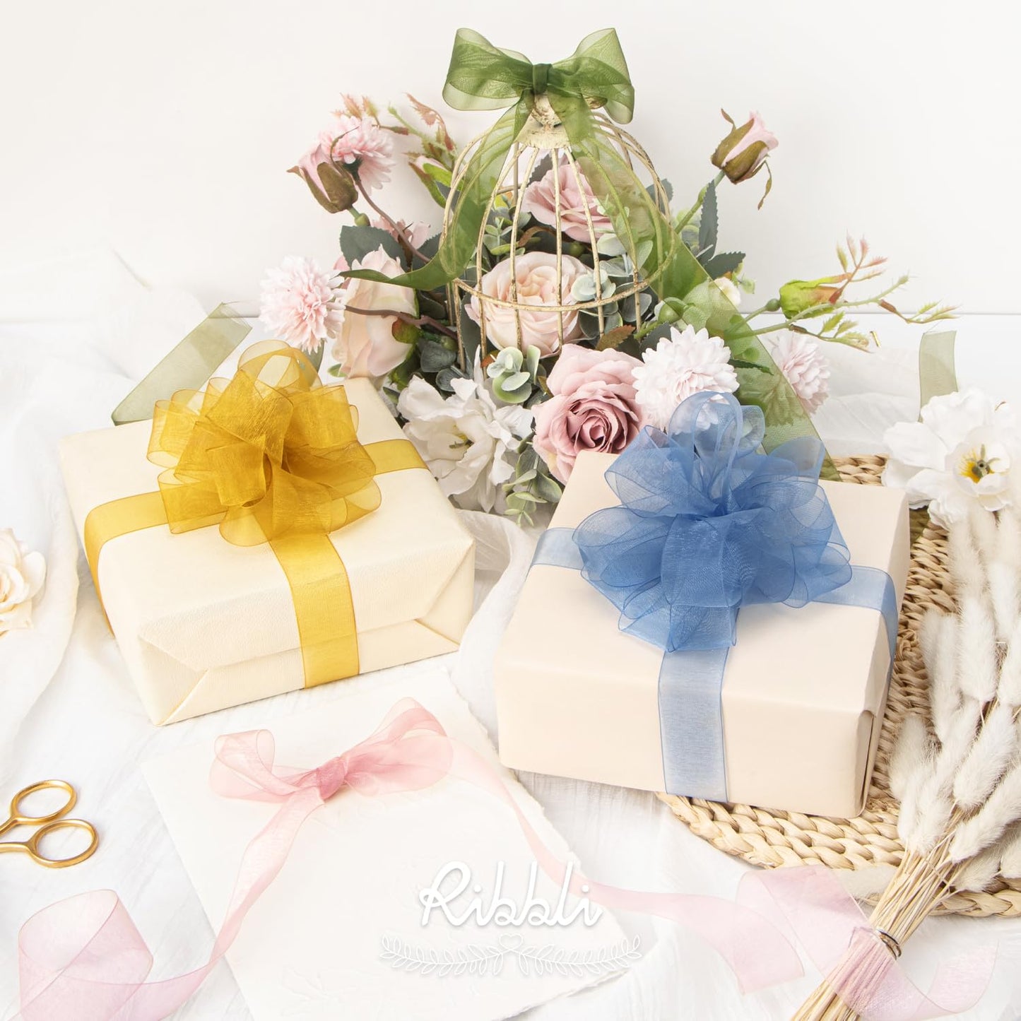 Ribbli Organza Ribbon 1 Inches 8 Rolls Total 80 Yard White Ivory Champagne Gold Rose Gold Dusty Blue Moss Black Sheer Ribbon for Gift Wrapping,Cookie Wrapping,Easter,Wedding Decoration