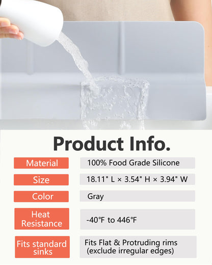 Akrelyan Kitchen Sink Splash Guard 18" 23" Self-Draining Silicone Water Guard with High Splash Wall & Strong Suction Cups for Faucet, Countertop & Sink Edge, Keeps Sinks Dry, Dishwasher Safe, Gray