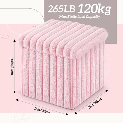 15x15x13 Inch, 265lbs Wenqik Pink Storage Ottoman Cube, Fluffy and Furry Square Foot Rest Stool, Foldable Storage