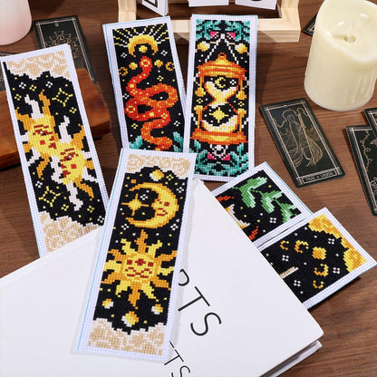 ORIGACH 6 Pcs Cross Stitch Bookmark Kit for Beginner Adults, Tarot The Sun and Star Stamped Embroidery Bookmark Kit with Instruction for Starters Printed Cross Stitch DIY Kits for Book Lovers