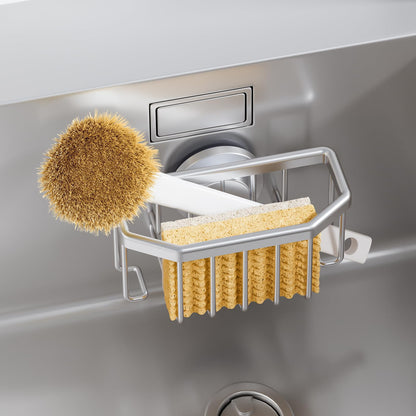 TAILI Sponge Holder for Kitchen Sink with Strong Suction Cup Removable, Rustproof Aluminum Sink Caddy for Sponge, Brush, Scrubber, Scraper -Silver