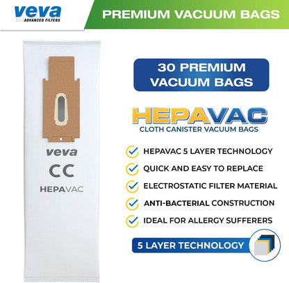 VEVA 30 Pack Premium HEPA Vacuum Bags, Odor Fighting Style CC, Hypo-Allergenic for Oreck Models XL5, XL7, XL21