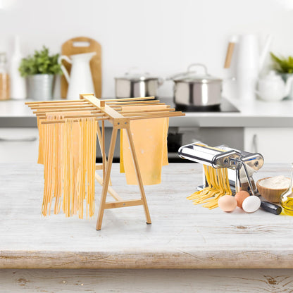 Pumtus Bamboo Pasta Drying Rack, 14-Bar Noodle Dryer Stand with Transfer Wand, Large Sturdy Spaghetti Lasagna Hanger, Stable Household Noodle Drying Rack for Pasta Linguine