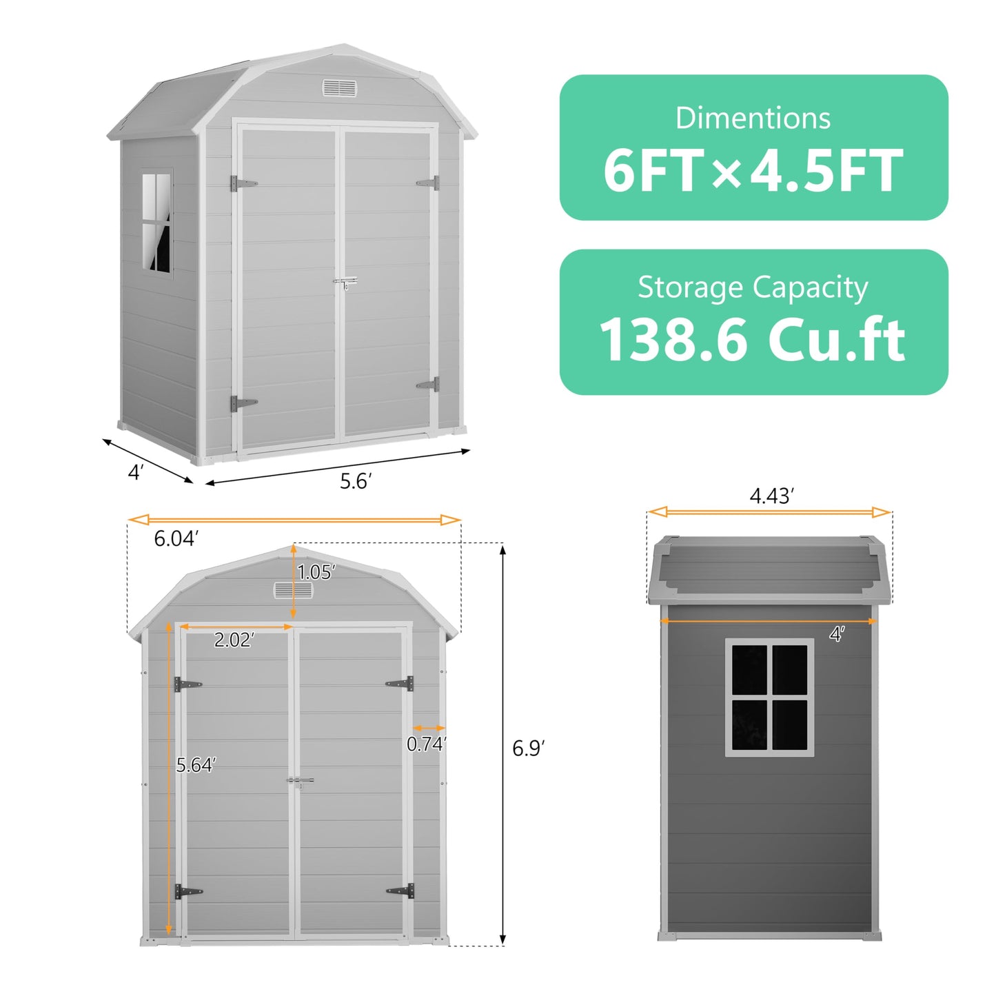 6x4.5 ft Resin Outdoor Storage Shed with Floor, Plastic Storage Shed with Lockable Door, Outside Shed Perfect to Store Patio Furniture, GardenTools Bike Accessories, Lawn Mower
