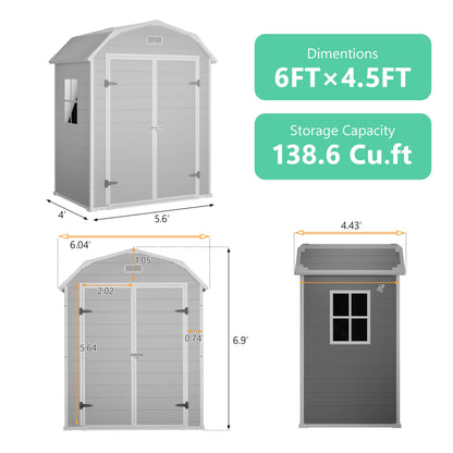 6x4.5 ft Resin Outdoor Storage Shed with Floor, Plastic Storage Shed with Lockable Door, Outside Shed Perfect to Store Patio Furniture, GardenTools Bike Accessories, Lawn Mower
