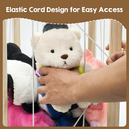 DEMEGA Stuffed Animal Zoo Storage with Wheels, Mobile Wooden Toy Organizer Cage with Elastic Band, Easy Assembly Large Capacity for Nursery Playroom Bedroom