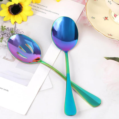 4 Pieces Colorful Serving Spoons Set, 2 Large Serving Spoons and 2 Slotted Spoons, Rainbow Stainless Steel Utensils