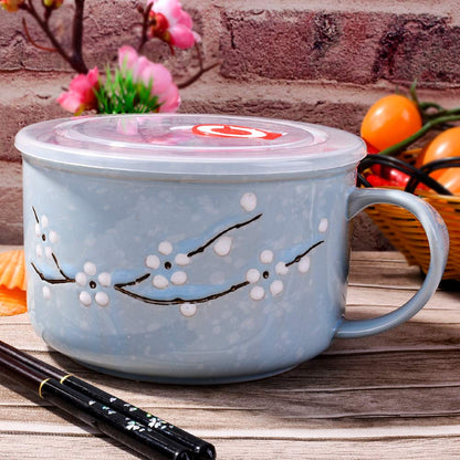 Whitenesser Asian Porcelain Noodle Bowls with Lid Japanese Style Microwavable Ceramic Ramen Bowl with Lid (Blue)