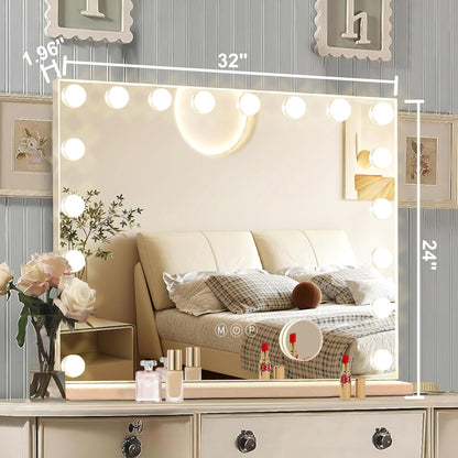 Hollywood Vanity Mirror with Lights, 15 Dimmable Bulbs, 3 Color Lights,Make Up Lighted Mirror, Aluminum Metal Frame, USB Charging Port（23" x 18"）