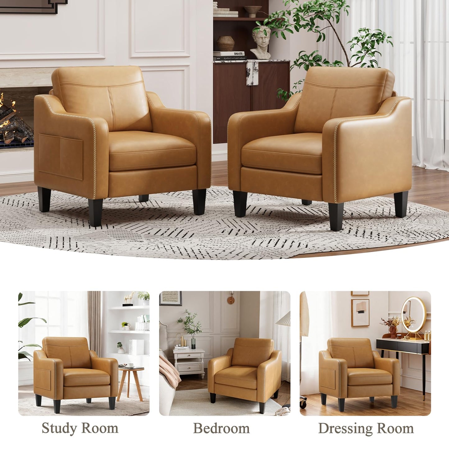 MALOL PU Leather Accent Chair Set of 2, Mid-Century Modern Living Room Armchair Sofa with Removable Cushions, Solid Wood Frame & Stitched Armrest Design, Bedroom Chair with Plastic Legs, Brown