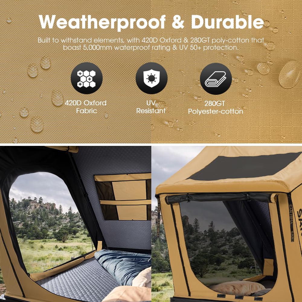 Sanhima Rooftop Tent Hard Shell - Hotham Overland Aluminium Roof Top Tent w/Larger Space, LED Strip Light & Skyview Window, 2” Thick Mattress, for Car SUV Truck Camping, 2-3 People, Khaki