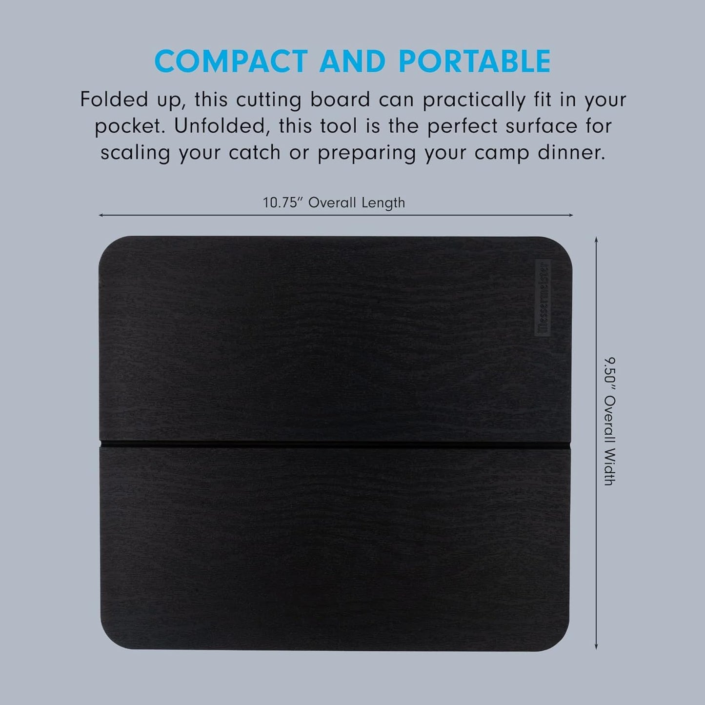 Messermeister Adventure Chef Folding Cutting Board, Black Faux Wood, Durable TPE, Compact & Portable, 10.75 x 9.5”