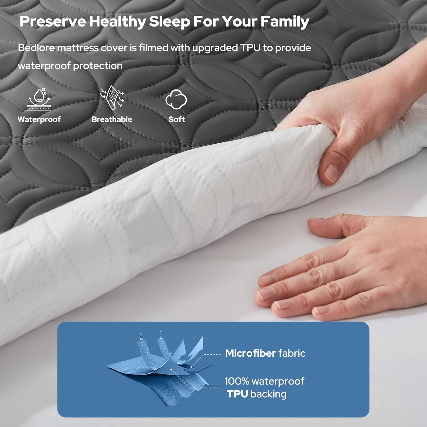 BEDLORE Waterproof Mattress Protector - Twin XL Deep Pocket Pad (6"-15" Depth) | Soft, Breathable, Dirt-Proof Cover (Gray)