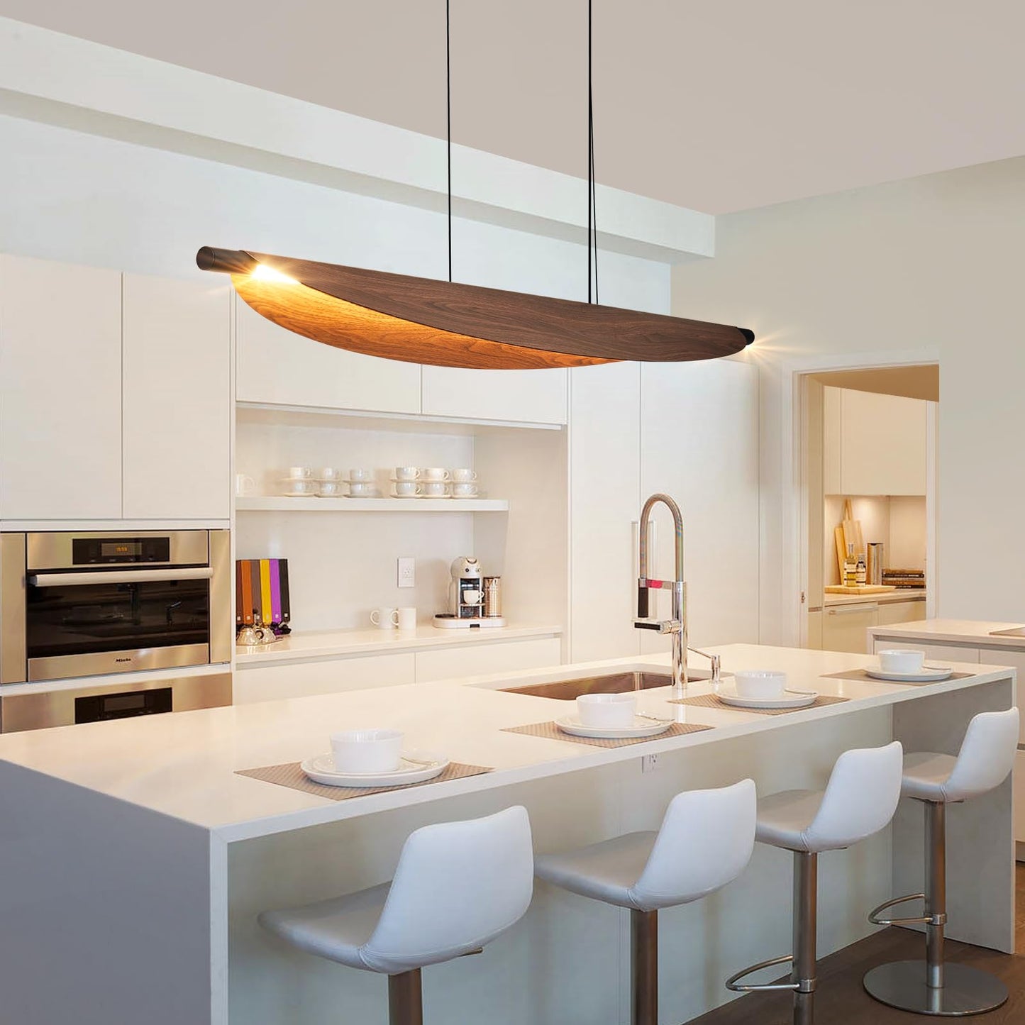 Waikmdv Pendant Lights 47.2In Dimmable Wood Grain Linear Pendant Light LED Kitchen Chandelier Hanging Light Fixture for Dining Room Kitchen Island