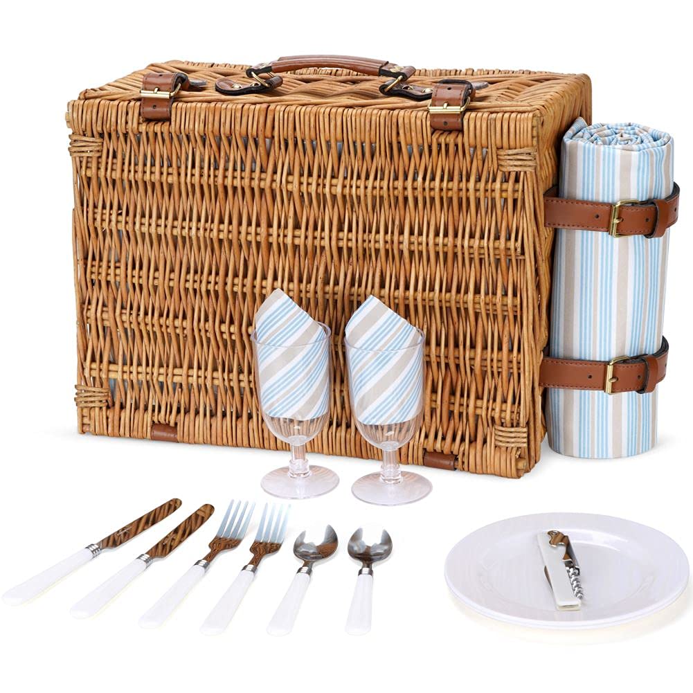 Picnic Basket Set for 2 Persons, Willow Hamper with Large Insulated Cooler Compartment, Waterproof Blanket and Cutlery Service Kit-Classical Brown