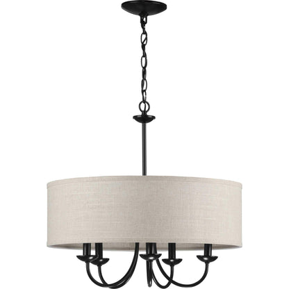 Progress Lighting Drum Shade Collection Five-Light Chandelier, Farmhouse Style Hanging Ceiling Light Fixture for Dining Rooms, Foyers, Harvest Linen Shade, Matte Black