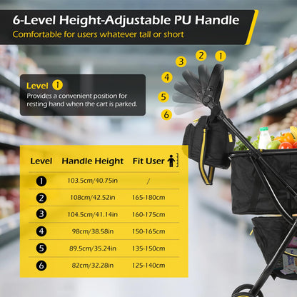 Dyna-Living Shopping Cart for Groceries Adjustable Handle Folding Shopping Carts on Wheels, 70 LBS Grocery Cart Personal Shopping Cart Foldable, Lightweight Aluminum Frame & 600D Oxford Fabric