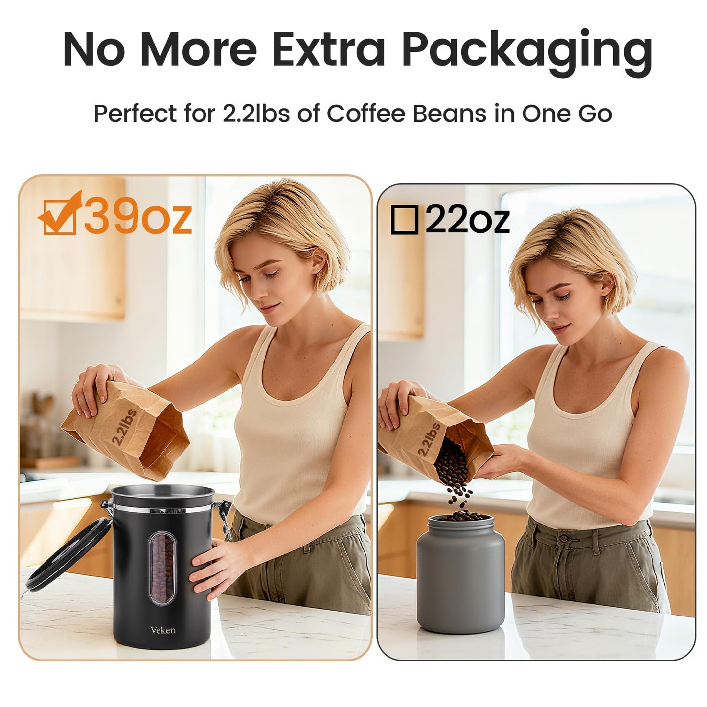 Veken Large Coffee Canister with Window, Kitchen Food Storage Airtight Stainless Steel Container for 2.2lbs Coffee Beans, Grounds, Rice,Tea, Flour, Cereal, Sugar Jars,Date Tracker and Scoop 39oz,Black