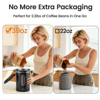 Veken Large Coffee Canister with Window, Kitchen Food Storage Airtight Stainless Steel Container for 2.2lbs Coffee Beans, Grounds, Rice,Tea, Flour, Cereal, Sugar Jars,Date Tracker and Scoop 39oz,Black