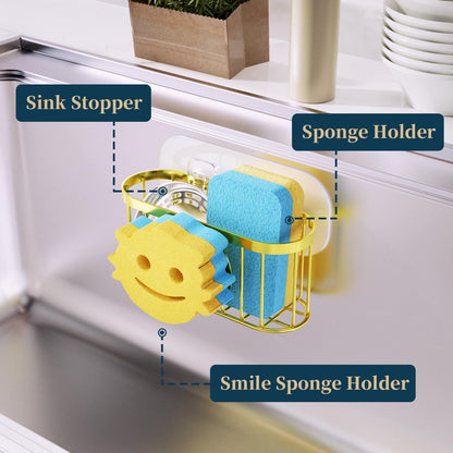 Consumest Sponge Holder Smiley Face - Kitchen Sink Caddy, Sink Organizer with Removable Suction Cups & Adhesive Strips, Suit for Sponge, Soap,Gold