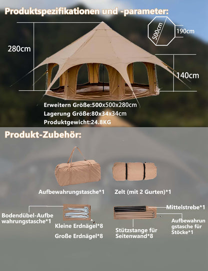 Thcbme 5M Cotton Canvas Bell Tent - Yurts with Stove Jack, Windproof, Breathable Shade, Family Camping Travel, Group Activities, 4 Season Polyester (6-10People), Khaki, 16.4ft (MXT16.4ft-KQ)
