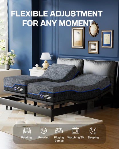Marsail NS0 Queen Adjustable Bed Base - Smart Dual Motor Bed Frame with Wireless Remote, 3-Min Assembly, Zero Gravity & Anti-Snore Modes, Under Bed Lighting, 4 USB Ports