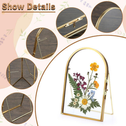 OGANAZI 4x6 Inch Double Glass Pressed Flower Frame - Golden Floating Frames for Dried Flowers, Art, Photos | Vintage Pressed Flower Frame Tabletop Display Holder for Home Plant Specimen (Half Circular)