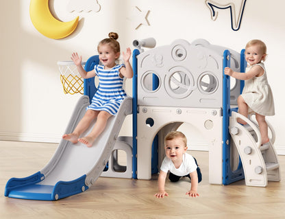 Babytronic Toddler Slide, 8 in 1 Kids Slide with Basketball Hoop, Telescope and Climber, Baby Slide Toddler Playground, Indoor Outdoor Playset for Toddlers Age 1-3, Kids Indoor Playground (Blue&Gray)