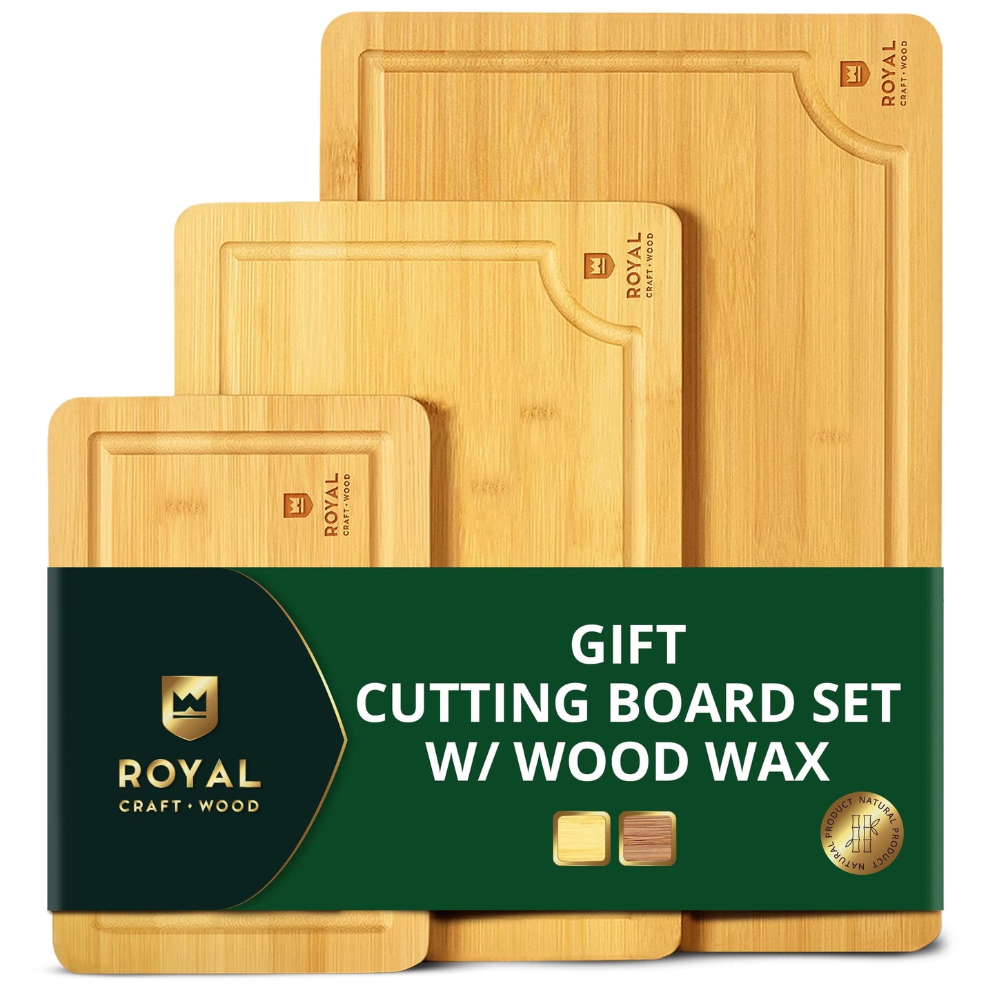 ROYAL CRAFT WOOD Wooden Cutting Boards for Kitchen Meal Prep & Serving - Bamboo Wood Serving Board Set with Deep Juice Groove Side Handles - Charcuterie & Chopping Butcher Block for Meat