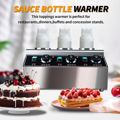 Generic YOOKTEN Electric Cheese Sauce Warmer Dispenser,0.68x3 Qt Commercial Cheese Dispenser Bottle Warmer Hot Chocolate Warmer and Dispenser 86-185℉Nacho Cheese Warmer with Bottles, Silver