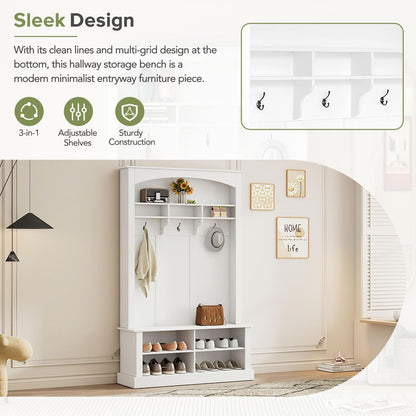 HEIDOUHEI Hall Tree with Bench Shoe Storage Entryway Coat Rack 47.2'' Wide Multi-Functional 3 Hanging Hooks Open Space Rectangle Shelves Farmhouse Boho Furniture Organizer Hallway