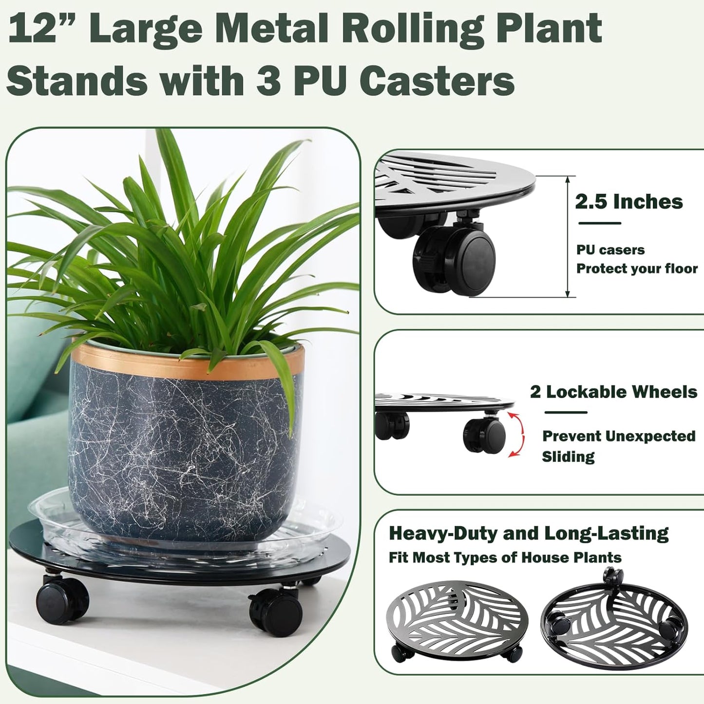 2 Packs 12" Large Metal Plant Caddy with PU Wheels Heavy-Duty Wrought Iron Rolling Plant Stands Indoor Outdoor Wheeled