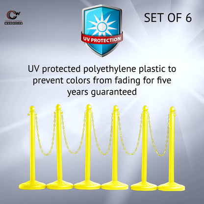 Montour Line Plastic Stanchion Yellow 2.5 Inch Diameter with 50 Foot Chain, 6-Pack, Crowd Control Barriers