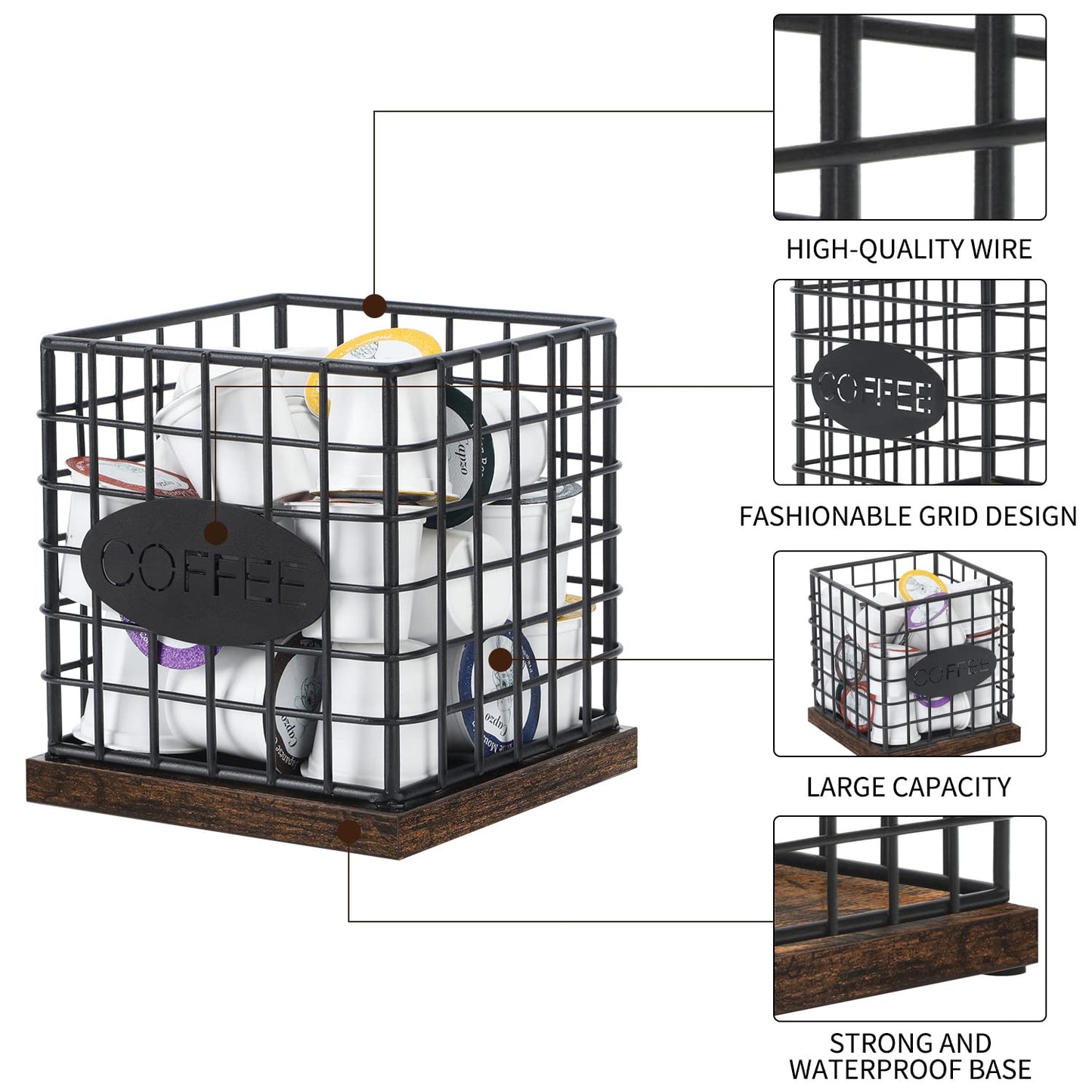YINMIT K Cup Holder Organizer, Sturdy Coffee Pod Holder Organizer, 35 Kcup Large Capacity Storage Basket for Kitchen Counter and Office Desktop (Square Grid)