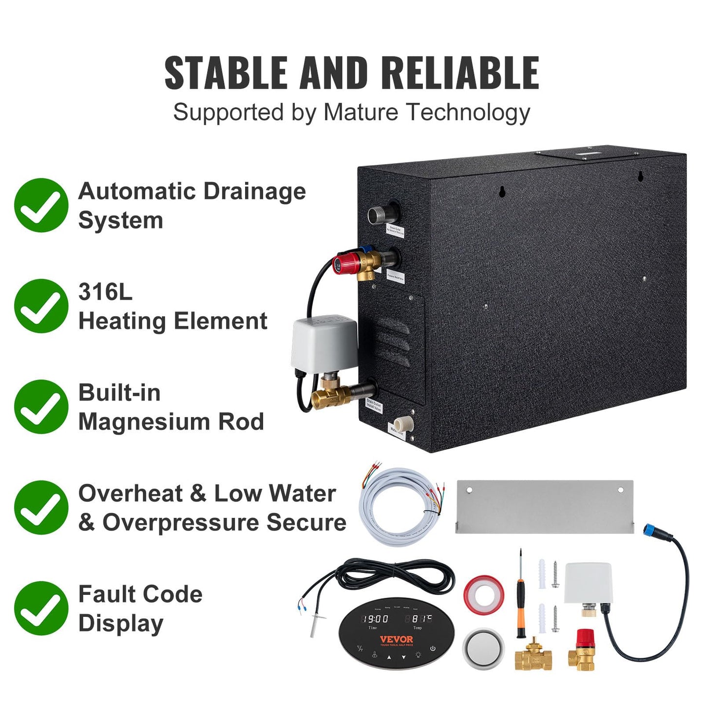 VEVOR Steam Shower Generator, 12 kW, Segmented Heating System with Temperature Customization & 24h Timer, Automatic Drainage Steam Bath Kit for Home Use