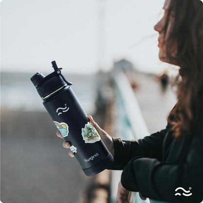 Swigina [2-IN-1 LID] Insulated Water Bottle with Silicone Boot (36hrs Cold/18hrs Hot) - DIY Stickers, Leakproof, BPA Free, Black, 24 oz