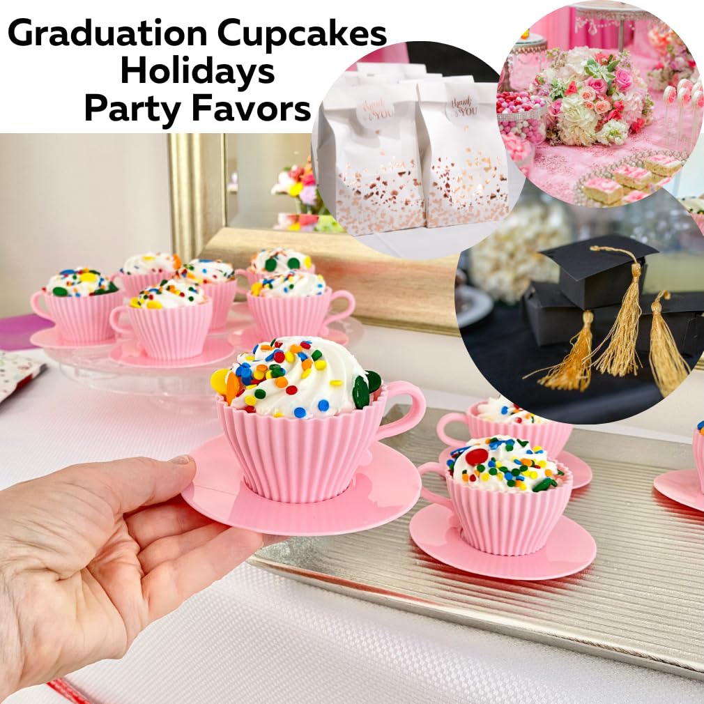Evelots Baking Cupcake Molds - Silicone Teacup Set - 48 Pc Set - Oven-Safe - Nonstick - Muffin Cups for Bridal/Baby Shower, Birthday/Tea Party - 24 Cups & 24 Saucers - BPA Free