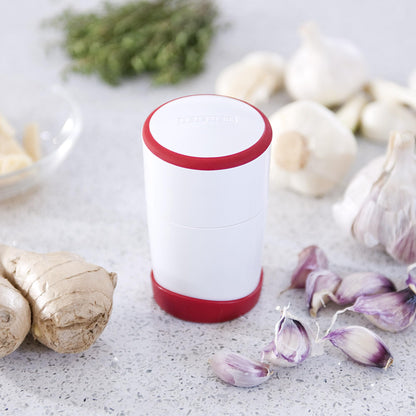Leifheit Gourmet Garlic Slicer, Stainless Steel Blades, ABS Plastic Body, Twist-to-Slice Design, Safe for Garlic, Ginger, Cheese, Chocolate, Dishwasher Safe, German Quality, White/Red
