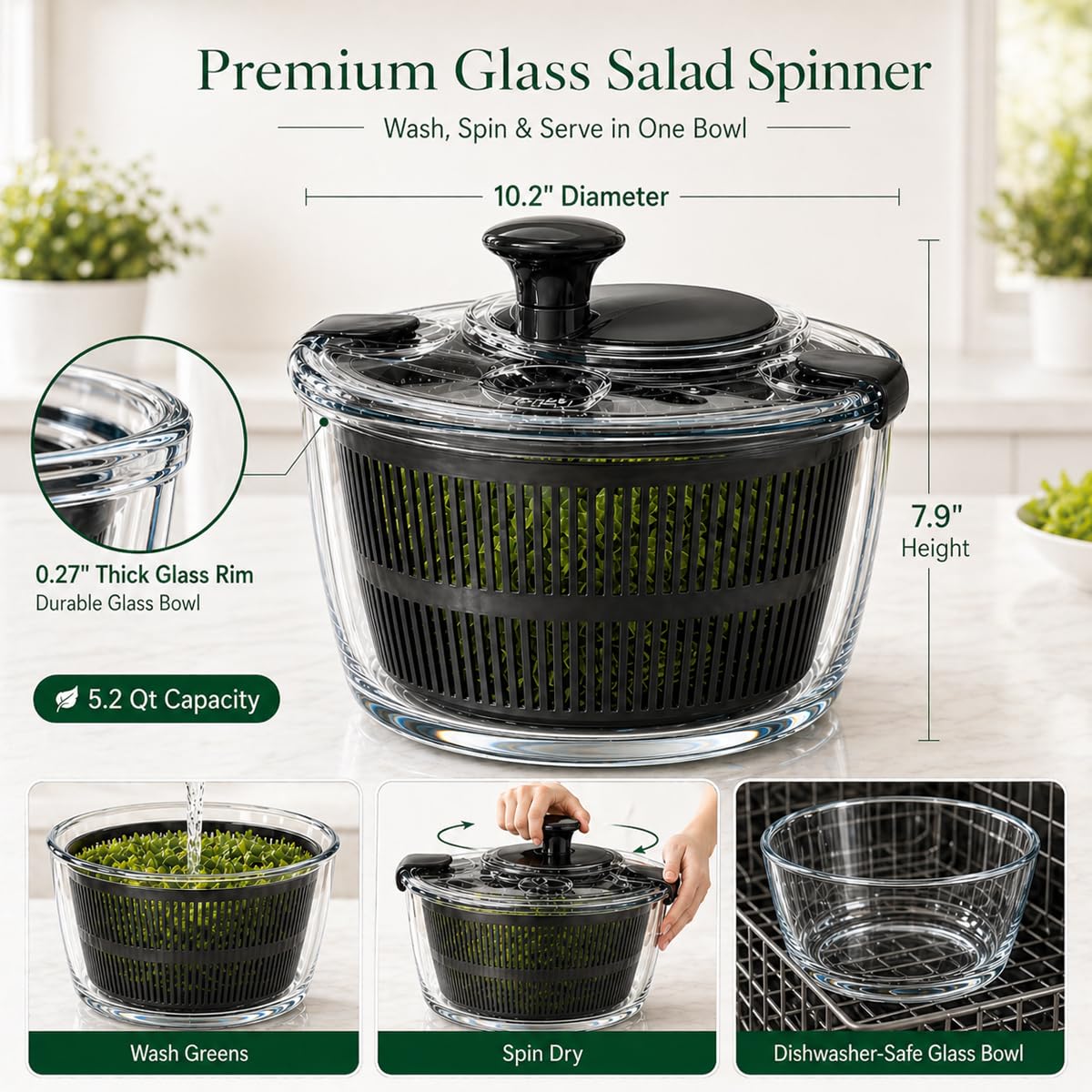 LYTYCJD Large 5.2 Qt Glass Salad Spinner Vegetable Dryer with Drain Microwave Safe Dishwasher Safe with Transparent Lid Crank Handle Quick Spin Greens Washer for Lettuce Herbs Fruits (black)