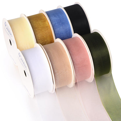 Ribbli Organza Ribbon 1 Inches 8 Rolls Total 80 Yard White Ivory Champagne Gold Rose Gold Dusty Blue Moss Black Sheer Ribbon for Gift Wrapping,Cookie Wrapping,Easter,Wedding Decoration