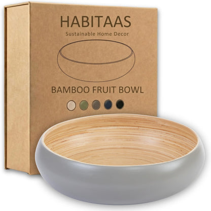 HABITAAS Fruit Bowl for Kitchen Counter – Handmade Spun Bamboo, Large 11.75" Fruit Basket, Eco-Friendly Decorative Serving Bowl for Home Decor, Produce Storage & Centerpiece (Gray)