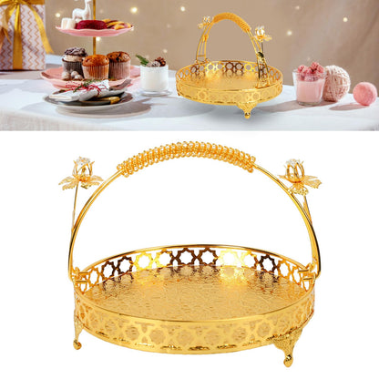 GLOGLOW Vintage Round Fruit Tray with Handle, 10.2 Inch Metal Dessert Platter Gold Cupcake Stand for Wedding Birthday Party Afternoon Tea Candy Cookies