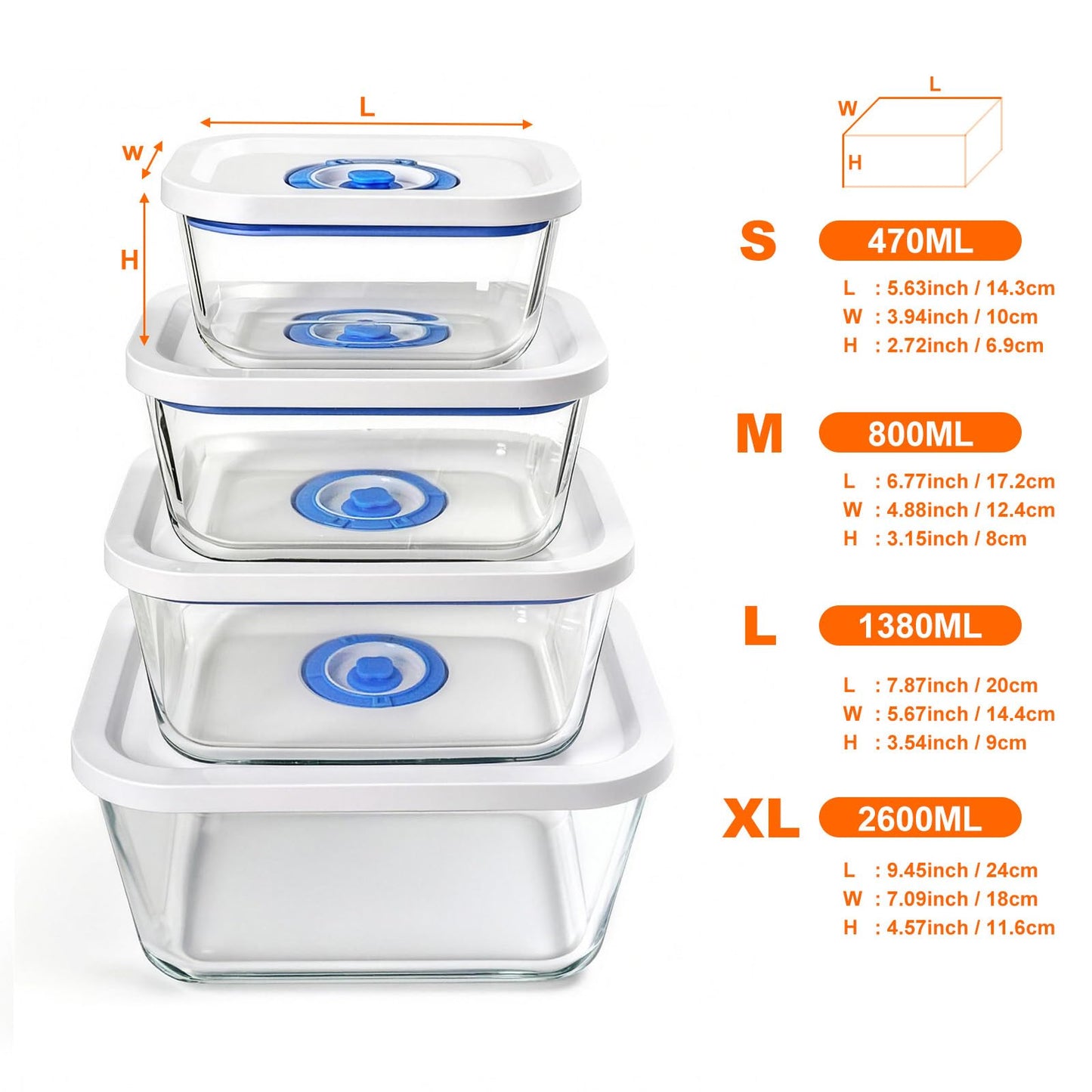 PARAPOINT Vacuum Seal Borosilicate Glass Containers for Food Storage, 4 Sizes (S M L XL) Compatible with Desktop and Handheld Vacuum Sealer Machines, Airtight Lid Set