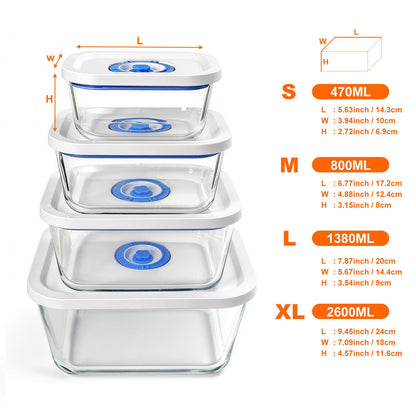 PARAPOINT Vacuum Seal Borosilicate Glass Containers for Food Storage, 4 Sizes (S M L XL) Compatible with Desktop and Handheld Vacuum Sealer Machines, Airtight Lid Set