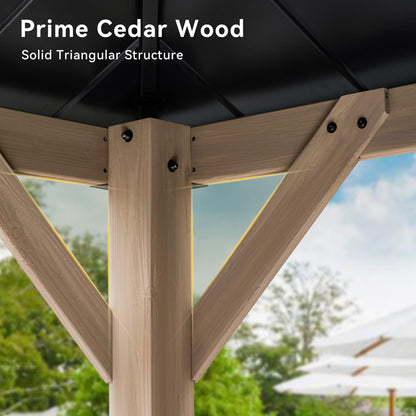 Aoxun 12' x 16' Outdoor Wood Gazebo, Hardtop Gazebo with Galvanized Steel Roof, Permanent Wooden Pavilion with Ceiling Fan, for Patio, Garden, Backyard, Cedar Wood, Grey