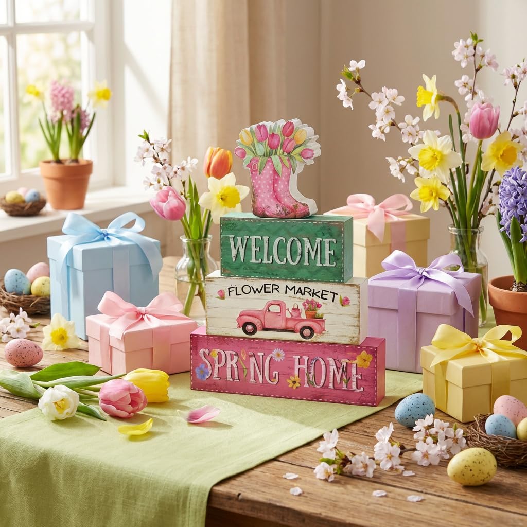 Golibra Spring Decorations, 4 Pcs Wooden Spring Table Decorations, Farmhouse Rain Boots Tiered Tray Decor, Wooden Table Sign for Desk Shelf Mantel Coffee Bar, Indoor Home Decor