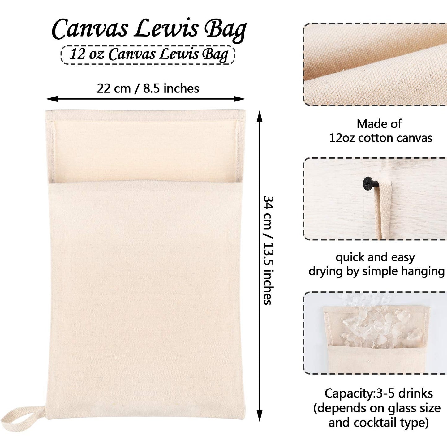 Boao 4 Pcs Canvas Lewis Ice Crusher Bag Reusable Crushed Ice Packs 13.5 x 8.5 inches Professional Bartender Kit for Home Party Bar Kitchen