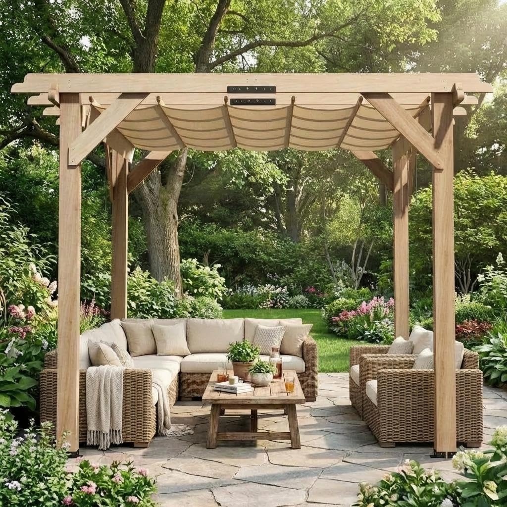 GAOMON 10x10Ft Wood Pergola with Retractable Canopy, Outdoor Patio Pergola with Sun Shade Cover, Durable & Rot Resistant, Cedar Wood Pergolas and Gazebos, for Patio, Deck, Garden