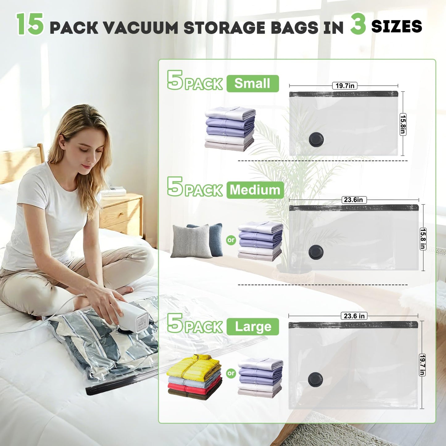 Mapambo Vacuum Storage Bags with -60000Pa USB Pump, 15 Pack Vacuum Seal Bags for Clothing Travel in 3 Sizes, Travel Vacuum Bags with Pump, Saving up to 80% of Luggage Space (15 Combo Size)